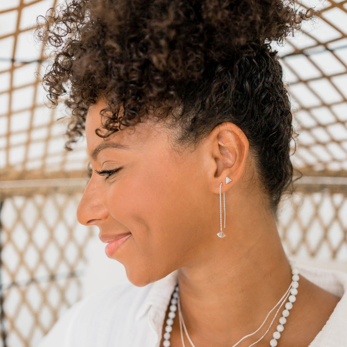 Triangle Herkimer Diamond Earrings on model - Blooming Lotus Jewelry