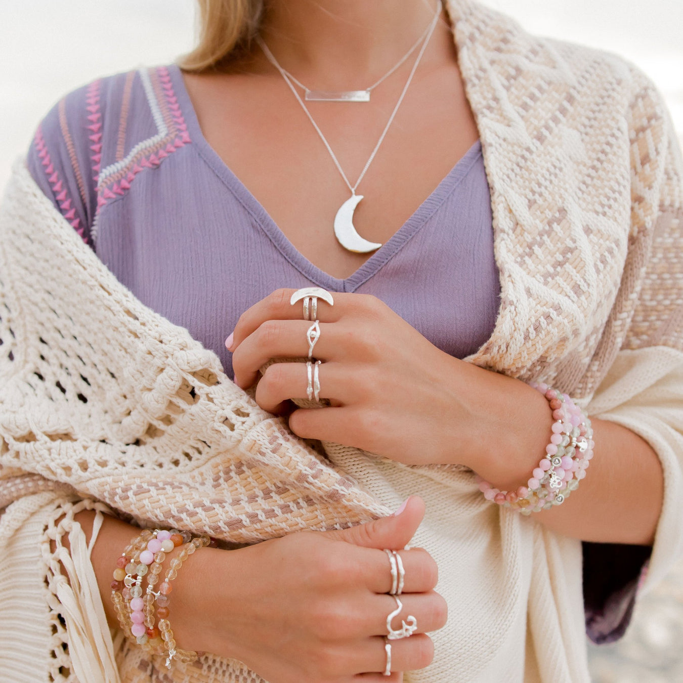 Luna Crescent Moon Necklace Ring - Moon Jewelry - layered necklaces on model - Blooming Lotus Jewelry