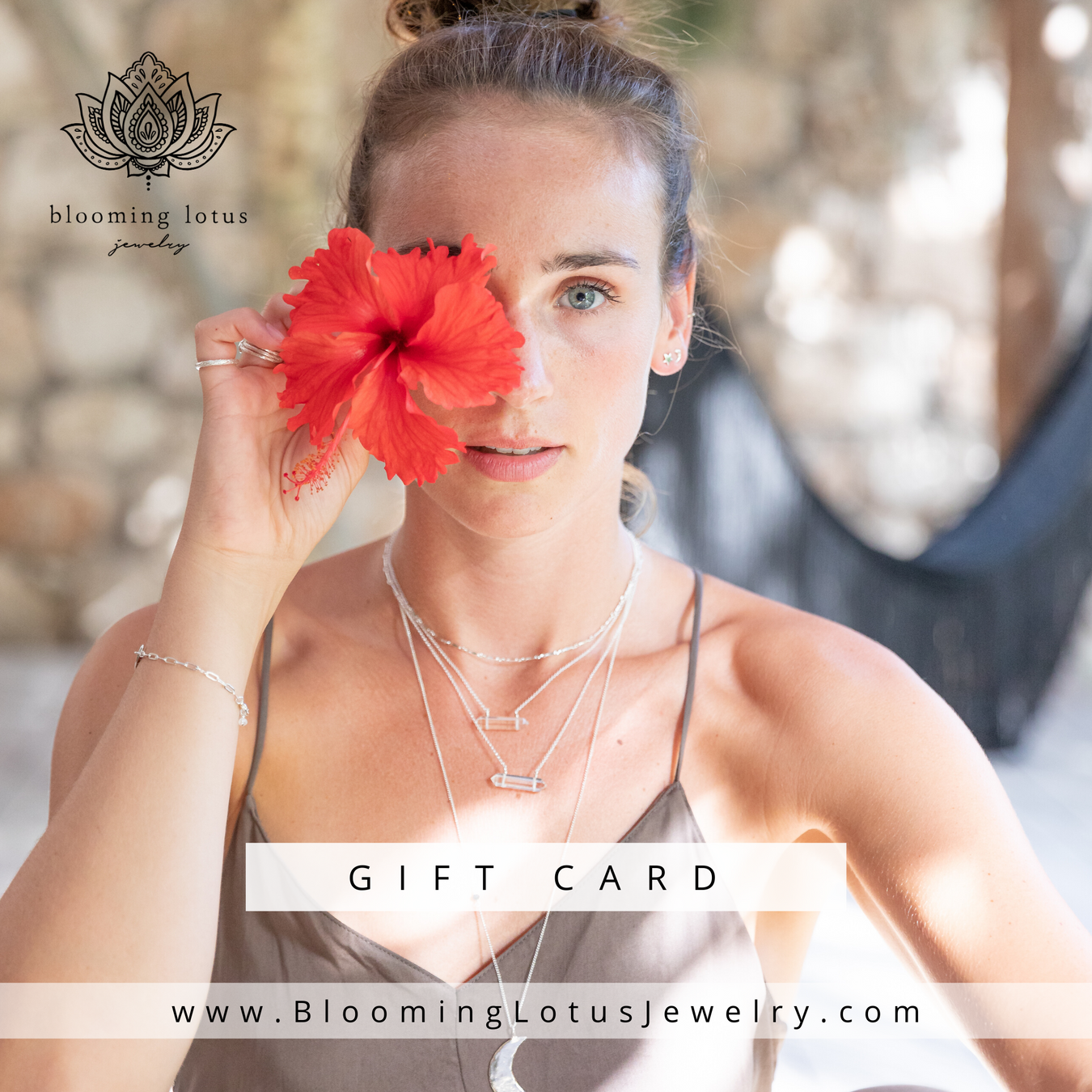 Gift Card - model holding flower with layereing necklaces - Yoga Jewelry - Gifts for Her - Meaningful Jewelry - Blooming Lotus Jewelry