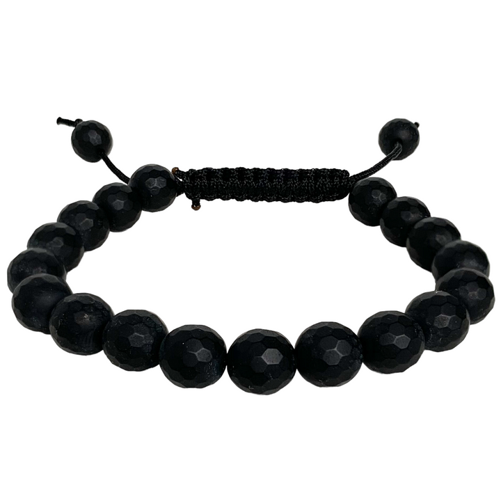 matte black onyx wrist mala faceted with macrame closure