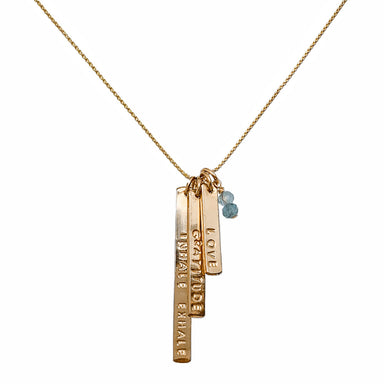Gold Mantra Bar Necklace with three personalized hand-stamped bars - aquamarine gemstone - Blooming Lotus Jewelry