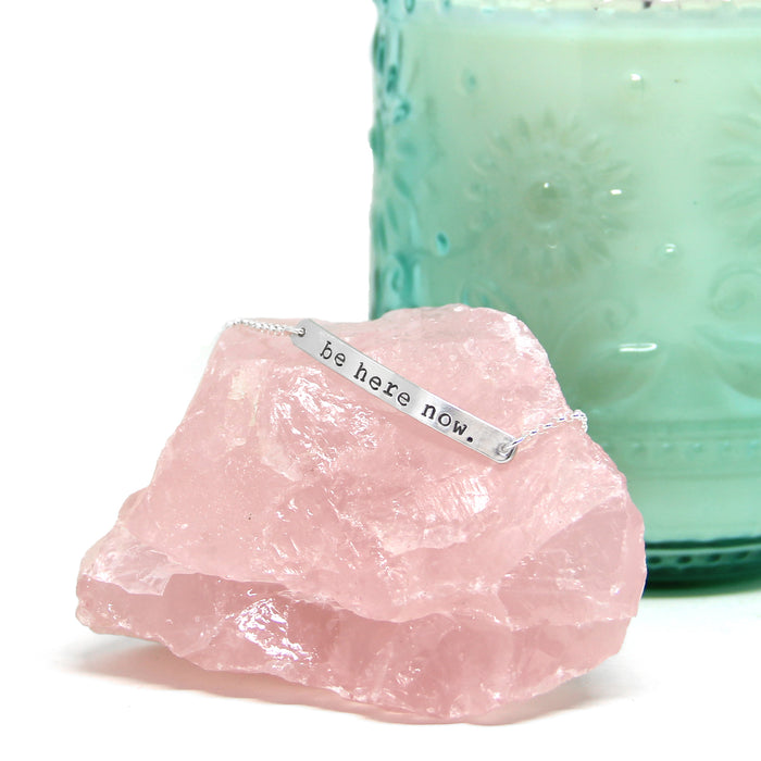 Be Here Now Mantra Bar bracelet Blooming Lotus Jewelry silver rose quartz crystal