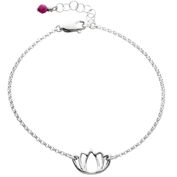 Blooming Lotus bracelet on silver chain with 1-inch extender and tiny Pink Tourmaline gemstone - Blooming Lotus Jewelry