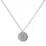 single silver initial disc coin pendant hanging from silver chain hand-stamped with capital B