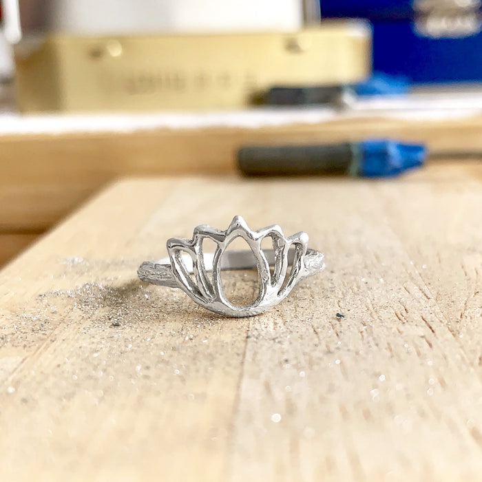 Lotus ring silver on the jewelers bench - Blooming Lotus Jewelry