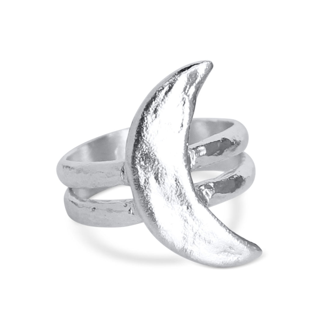 Close-up image of the Luna Crescent Moon Ring in sterling silver, featuring a bold crescent moon design with a textured finish. The double-band detail adds a modern yet celestial touch, perfect for making a statement or complementing any jewelry collection.