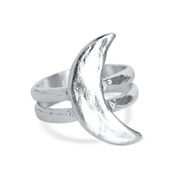 Close-up image of the Luna Crescent Moon Ring in sterling silver, featuring a bold crescent moon design with a textured finish. The double-band detail adds a modern yet celestial touch, perfect for making a statement or complementing any jewelry collection.