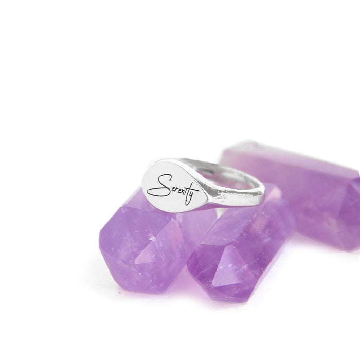 Mantra Signet Ring personalized engraved with Serenity on amethyst crystal Blooming Lotus Jewelry