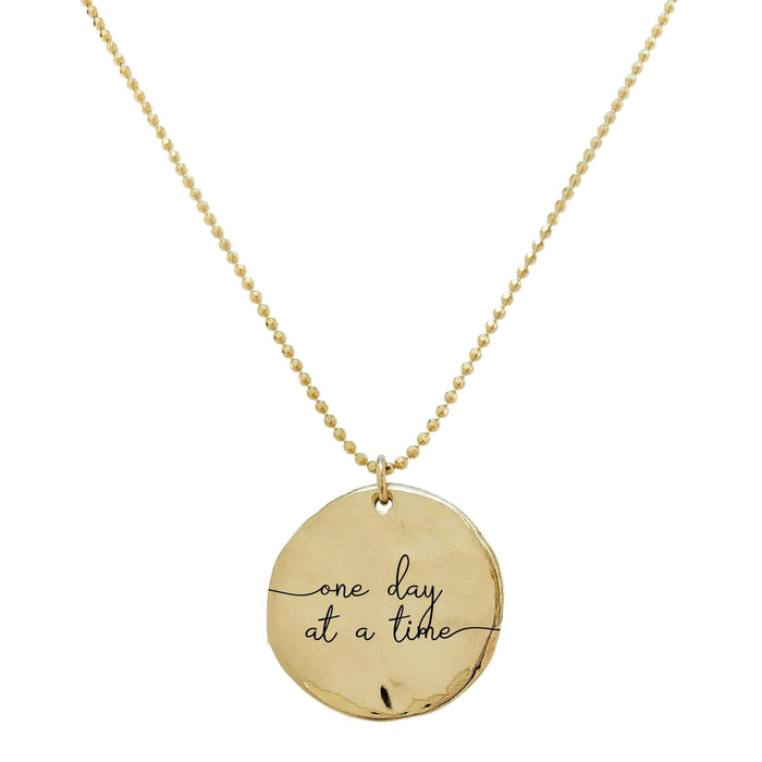 Gold Mantra Coin Necklace with organic surface - personalized one day at a time - Blooming Lotus Jewelry