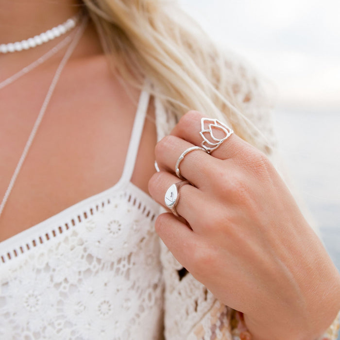 Silver Lotus Ring Stacking Rings Mantra Ring on model - Blooming Lotus Jewelry