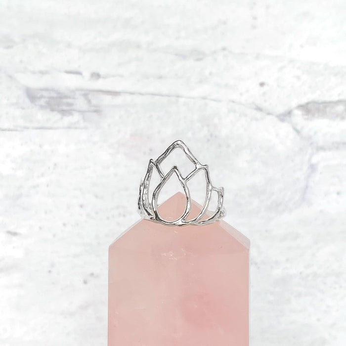Large Lotus Ring Silver on Rose Quartz Crystal - Blooming Lotus Jewelry