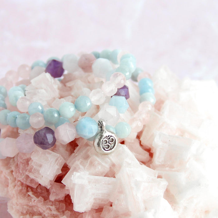yoga jewelry bracelets om gemstones - rose quartz aquamarine amethyst on pink crystals - Blooming Lotus Jewelry