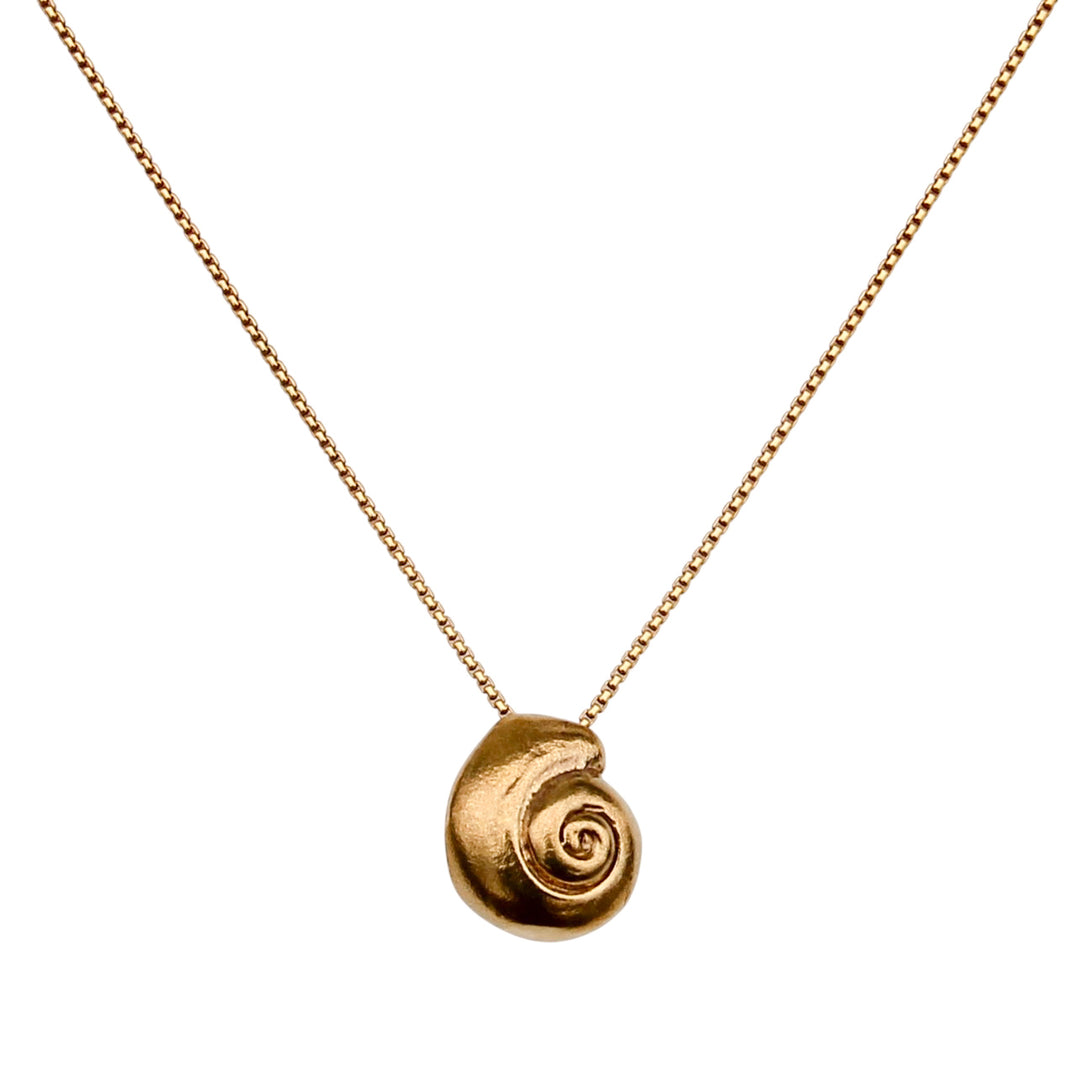 Gold spiral shell necklace with textured pendant on a delicate gold chain, inspired by a real seashell and photographed on a white background.