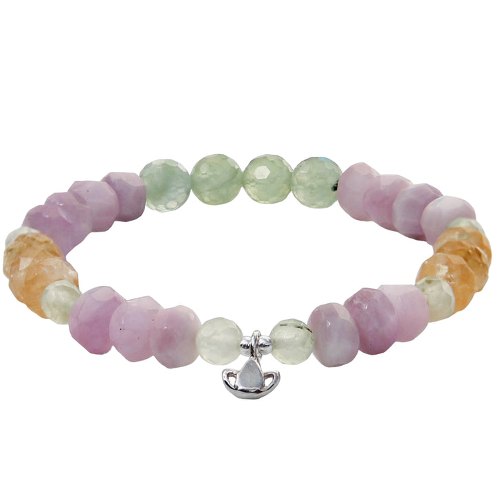 Lotus bracelet with Kunzite Prehnite Citrine gemstones front view silver lotus charm
