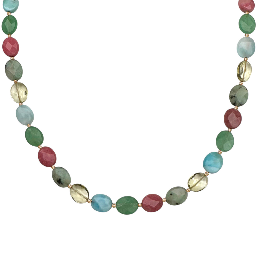 Coral Cove Necklace featuring faceted oval multi-gemstone beads in shades of pink, green, aqua, yellow, and gray, accented with small gold beads, giving an coastal vibe. Gemstones include Rhodonite, Green Aventurine, Larimar, Lemon Quartz, Kiwi Jasper.