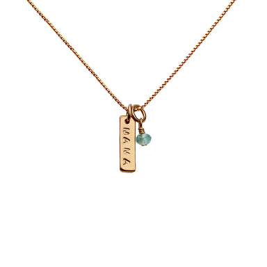Gold Tiny Bar Necklace personalized with Mama and aquamarine gemstone - Blooming Lotus Jewelry