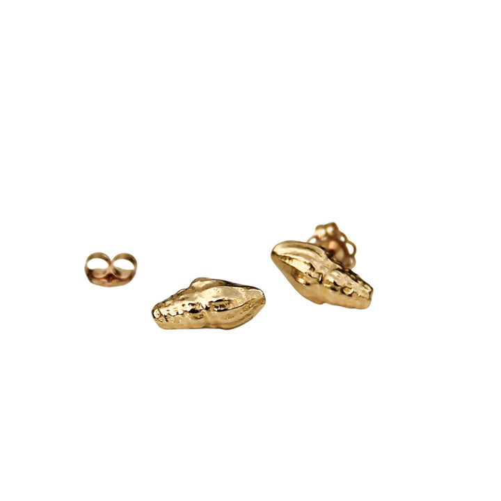 Tiny gold shell stud earrings shown on a white background, with one earring lying flat and the other angled beside a loose earring back.