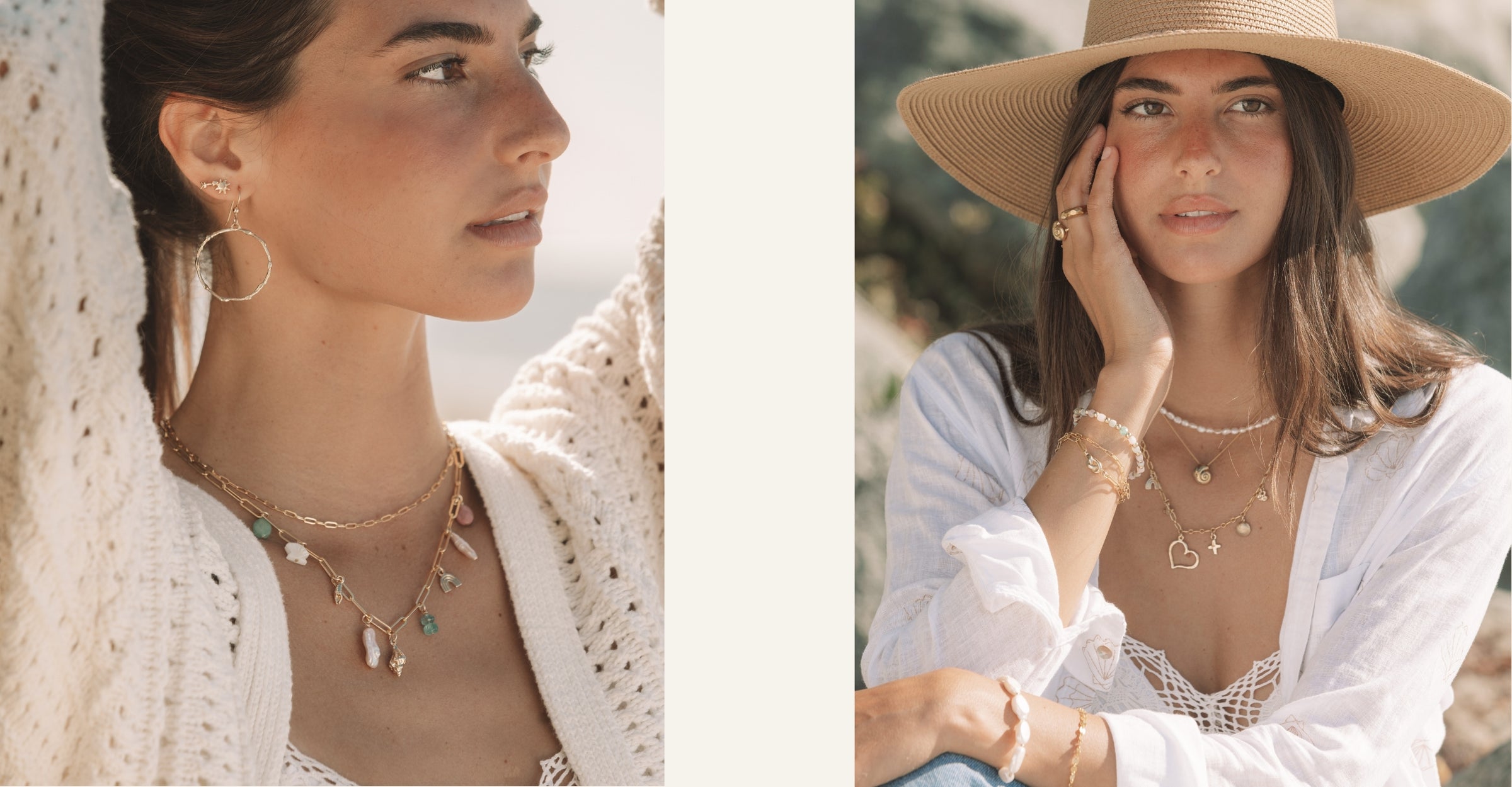 Two women wearing Blooming Lotus Jewelry layered gold charm necklaces and bracelets during a sunny beachside photoshoot, featuring a soft cream center panel.