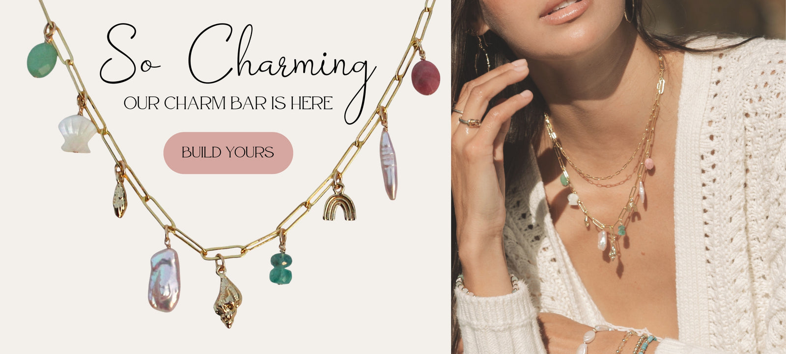 Build Your Own Charm Necklace featuring gold paperclip chain and coastal charms from Blooming Lotus Jewelry. Model wearing layered gold jewelry and Build Your Own Charm Necklace.