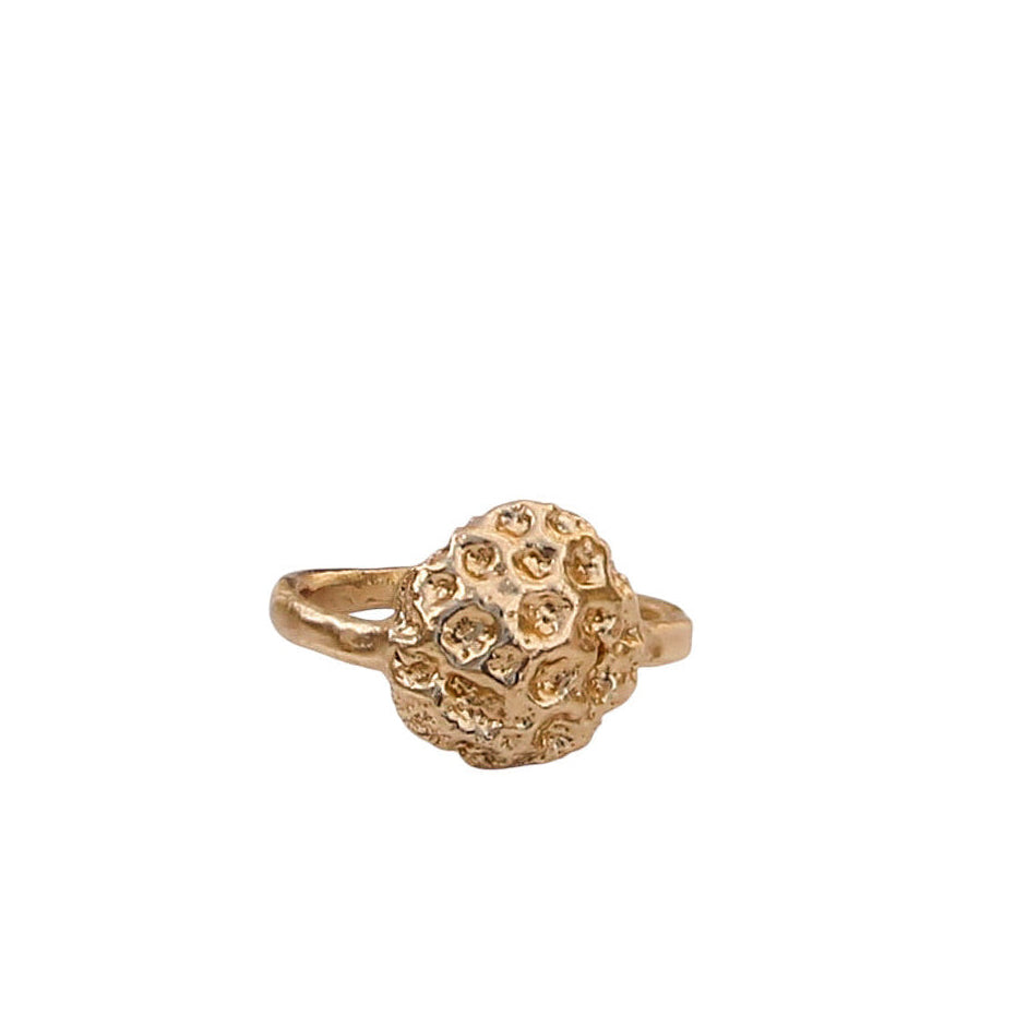Gold Coral Bloom Ring inspired by natural coral texture, crafted in recycled sterling silver and dipped in 14k gold, shown against a white background.