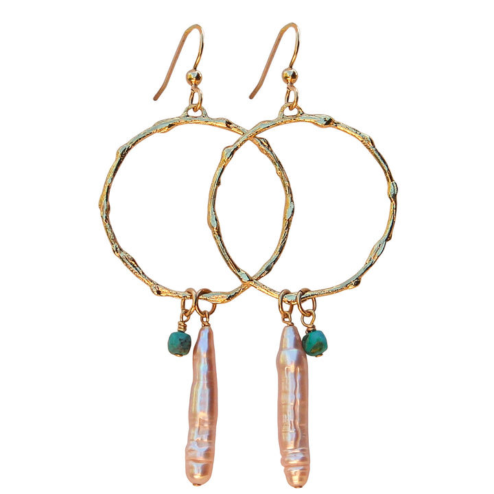 Gold branch hoops with turquoise and freshwater Biwa stick pearls, handmade coastal boho jewelry inspired by the sea, Seaside Hoops by Blooming Lotus Jewelry.