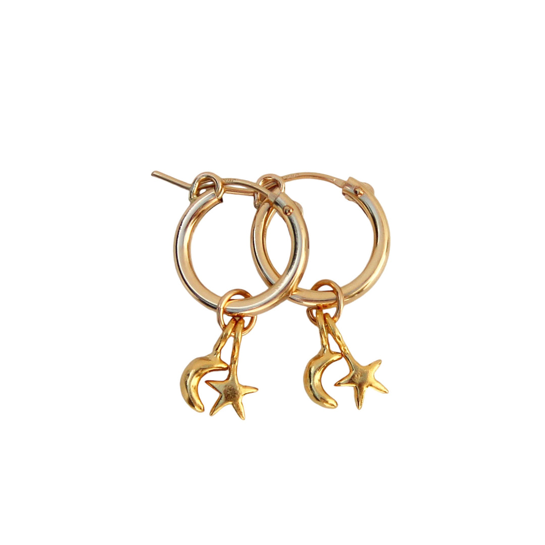 Gold moon and star charm hoop earrings with crescent moon and star pendants, coastal boho jewelry by Blooming Lotus Jewelry
