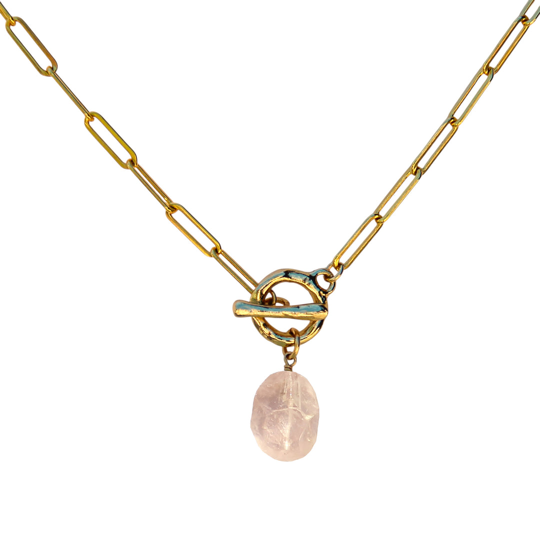 Morganite gemstone toggle necklace on a gold paperclip chain, handcrafted by Blooming Lotus Jewelry. A heart-opening design symbolizing love and compassion.