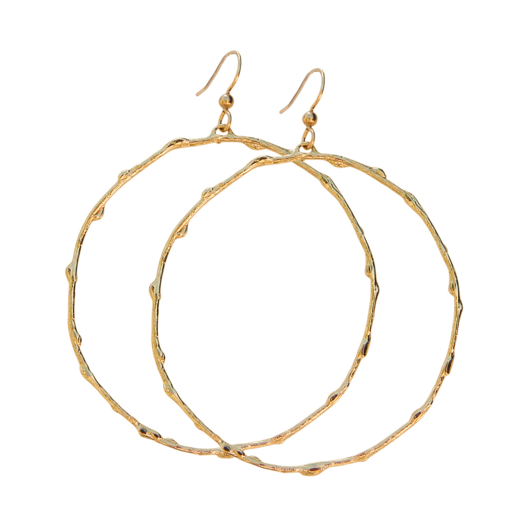 Round gold Olive Branch Hoops with organic branch texture and ear hooks, handcrafted by Blooming Lotus Jewelry.