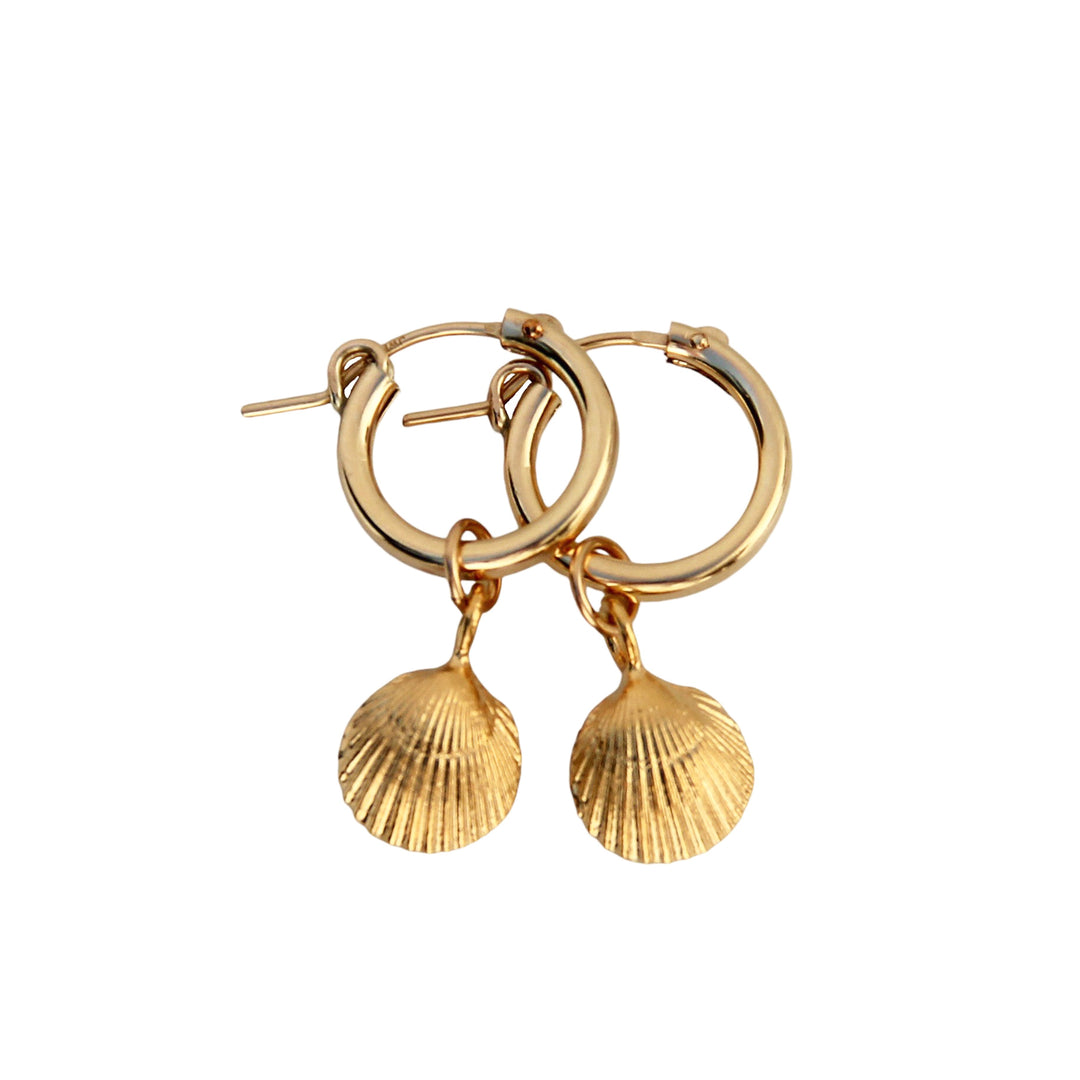 Gold shoreline seashell charm hoop earrings with shell charms, coastal boho jewelry by Blooming Lotus Jewelry