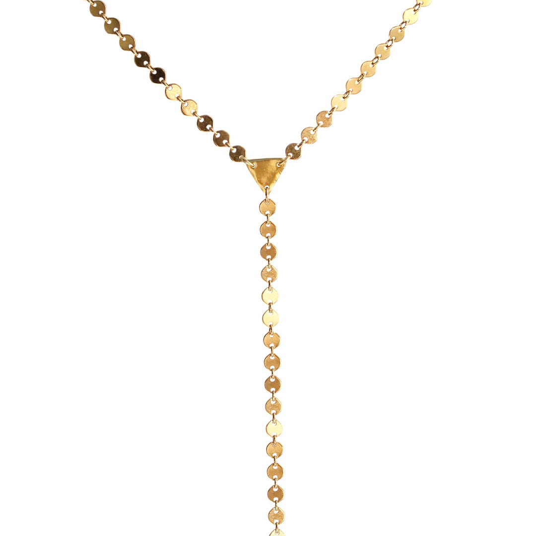 Gold Sol Lariat Necklace with high-shine disc chain and hand-formed triangle connector, symbolizing balance and inner light. Handmade by Blooming Lotus Jewelry.
