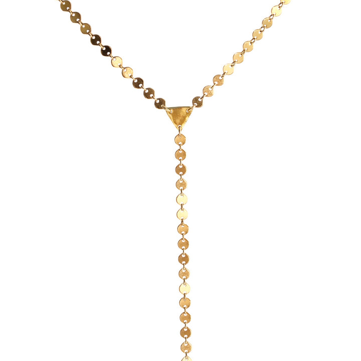 Gold Sol Lariat Necklace with high-shine disc chain and hand-formed triangle connector, symbolizing balance and inner light. Handmade by Blooming Lotus Jewelry.