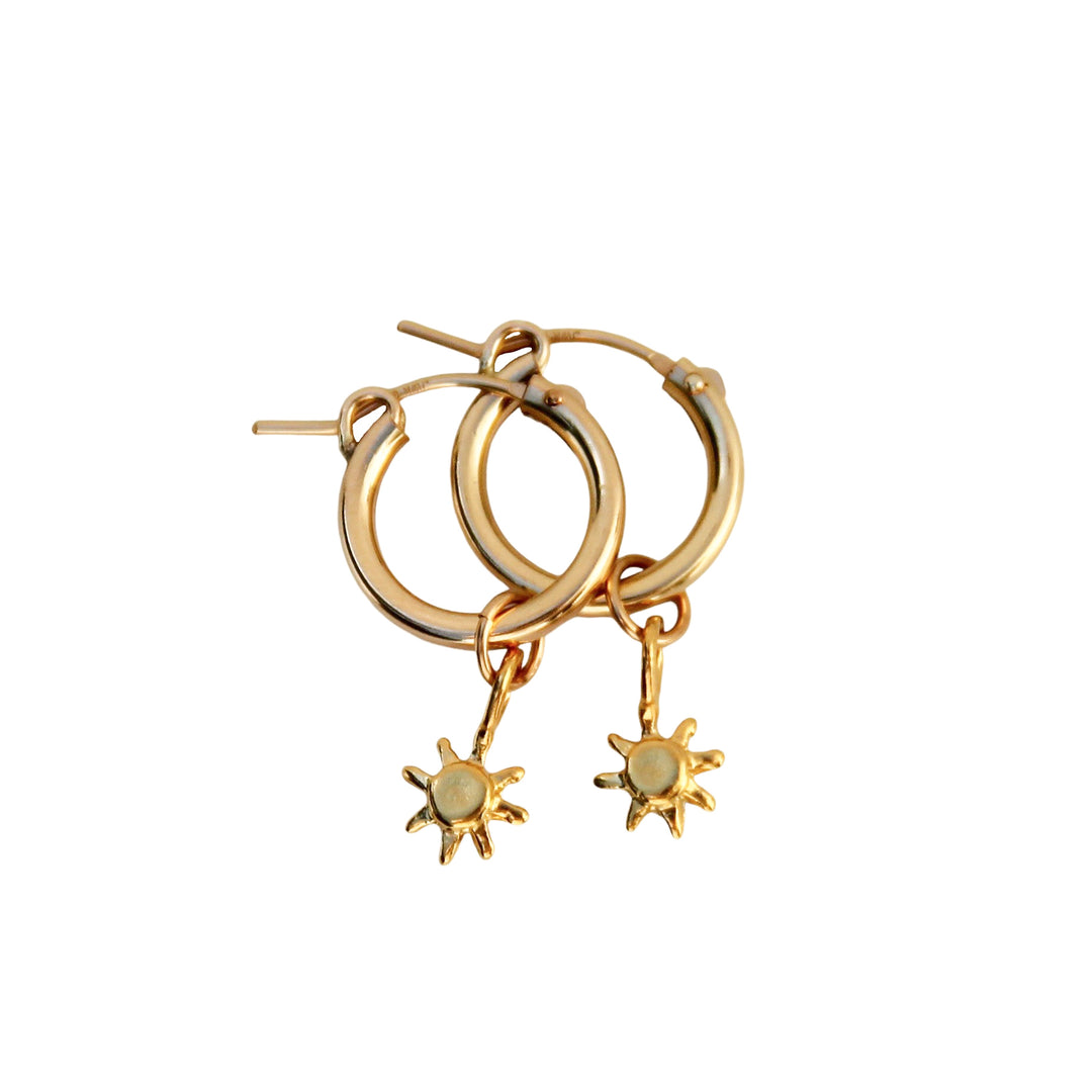 Gold sun charm hoop earrings with small Soleil sun charms, handmade coastal boho jewelry by Blooming Lotus Jewelry