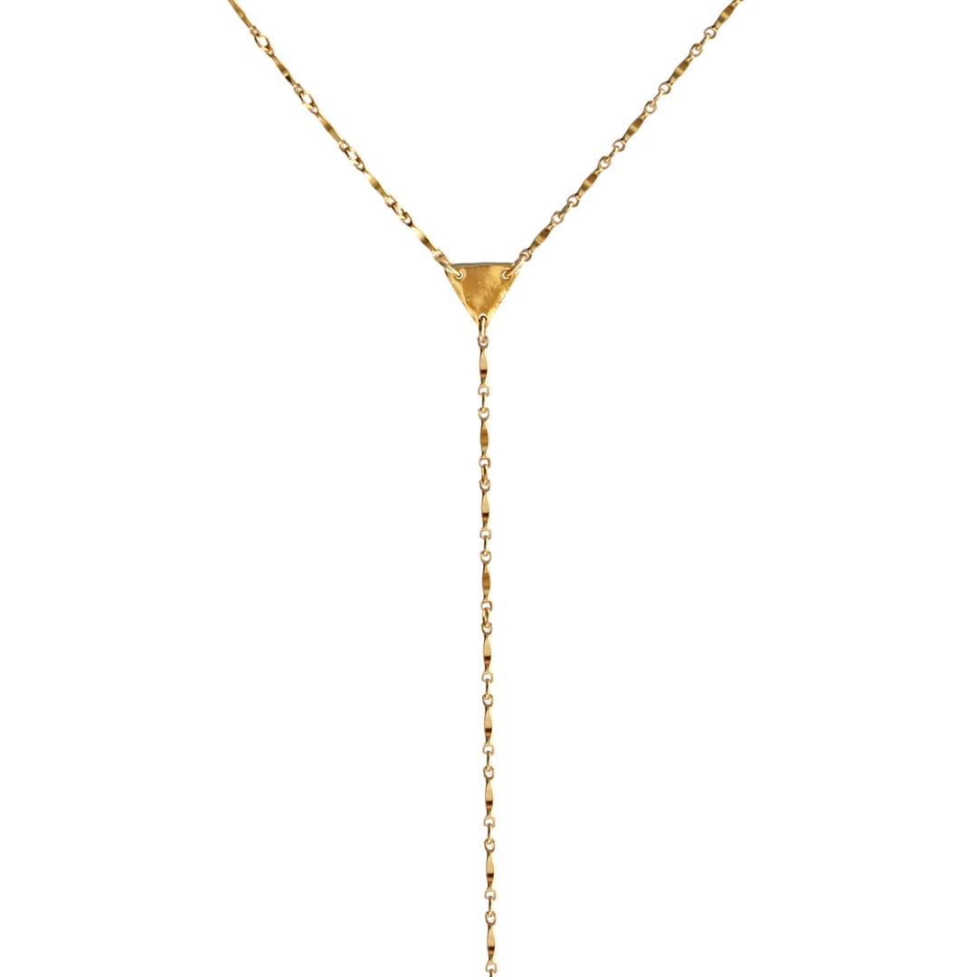 Close-up of gold Twinkle Lariat Necklace  on white background with delicate twinkle  chain and hand-formed triangle connector, symbolizing balance and transformation, handmade by Blooming Lotus Jewelry.