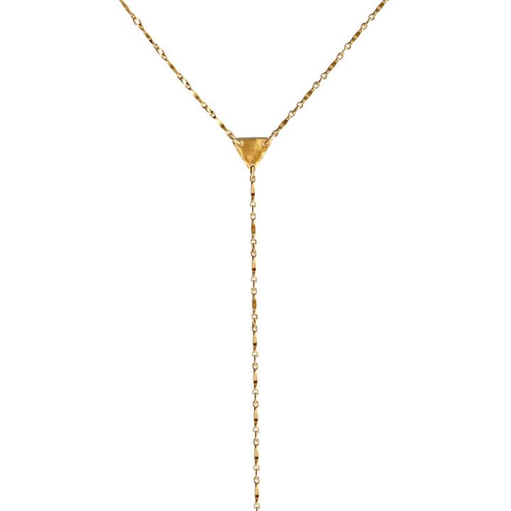 Close-up of gold Twinkle Lariat Necklace  on white background with delicate twinkle  chain and hand-formed triangle connector, symbolizing balance and transformation, handmade by Blooming Lotus Jewelry.