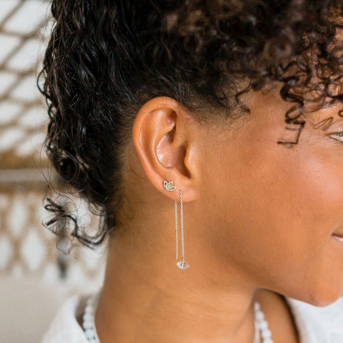Tiny Lotus Stud Earrings silver - Herkimer Threaders - close up on model - Blooming Lotus Jewelry