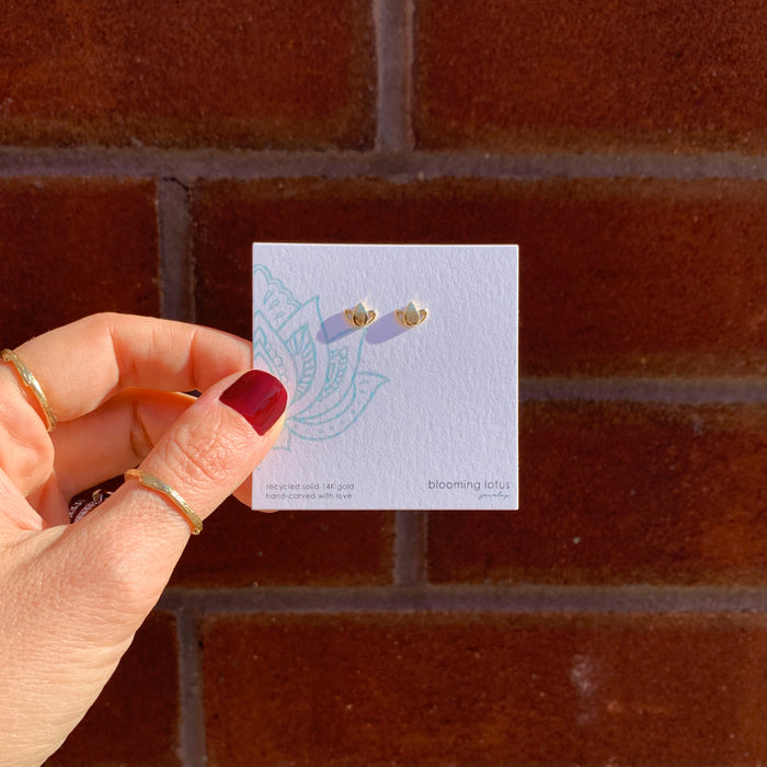 Blooming Lotus Studs gold on jewelry card Blooming Lotus Jewelry