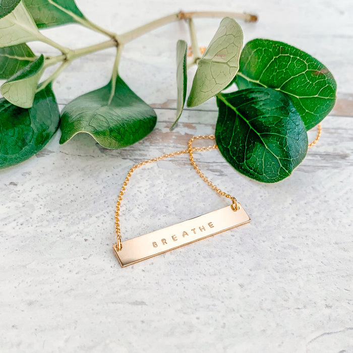 Breathe Mantra Bar Necklace gold personalized with Breathe tiny capital letters - Blooming Lotus Jewelry