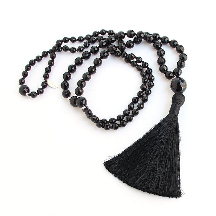 Eclipse Mala Necklace Onyx gemstone with 3 inch black tassel - Blooming Lotus Jewelry