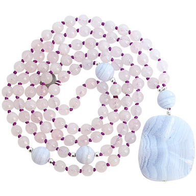 From the heart mala beads - yoga jewelry - rose quartz mala with Blue Lade Agate - Blooming Lotus Jewelry