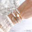 Luna Crescent Moon chain bracelet and moonstone labradorite gemstone stretch bracelets on wrist