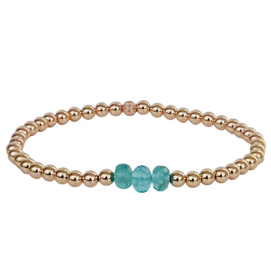 Gold Beade Bracelet with three faceted Apatite gemstones - front view - Blooming Lotus Jewelry