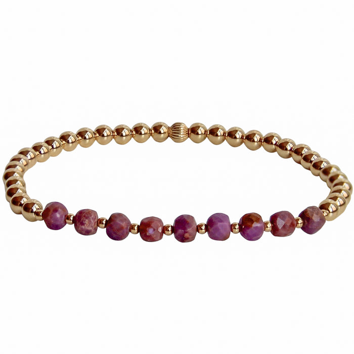 Gold Beaded Bracelet with faceted Charoite gemstones - front view - Blooming Lotus Jewelry