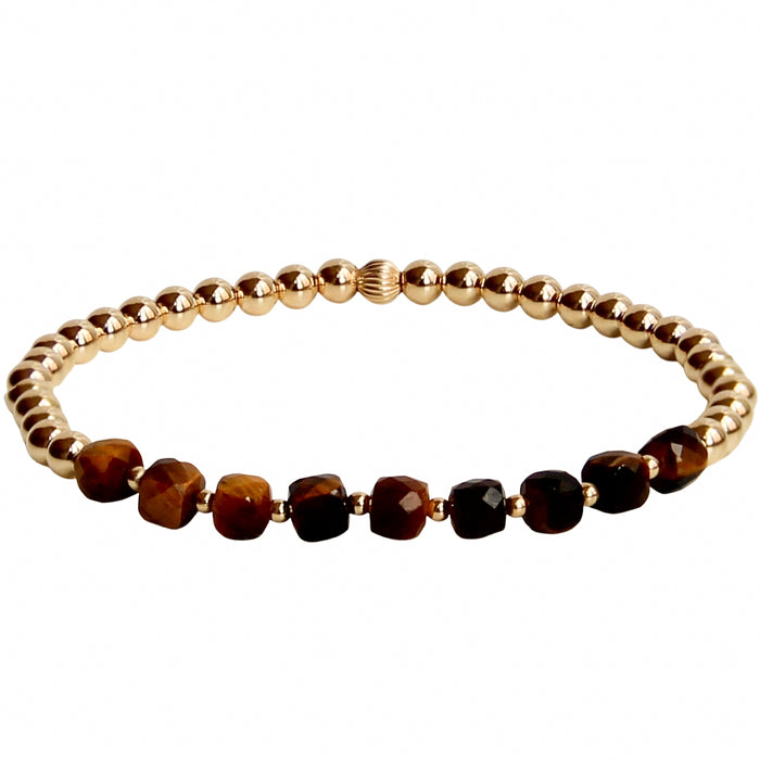 Gold Beaded Bracelet with faceted Tiger's Eye gemstones - front view - Blooming Lotus Jewelry