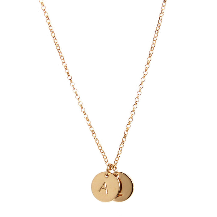 two Gold Tiny Initial Disc Coin pendants hanging from gold chain necklace - Blooming Lotus Jewelry