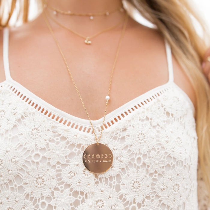 It's Just a Phase Necklace Moon Phases gold on model - Blooming Lotus Jewelry