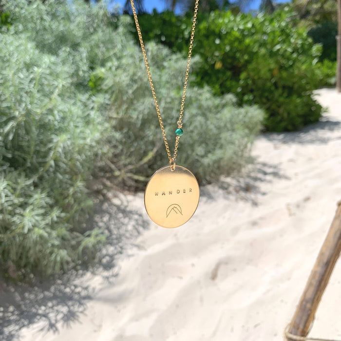 Large Mantra Coin Disc Necklace - Wander Mountains - Blooming Lotus Jewelry