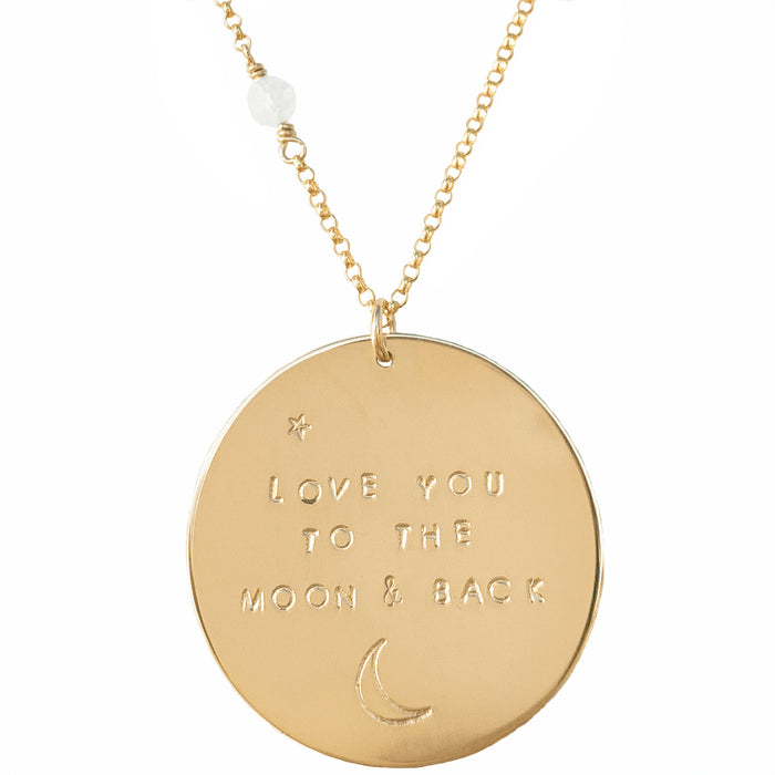 Gold Love You to the Moon and Back necklace on gold chain with tiny moonstone hand-stamped - Blooming Lotus Jewelry