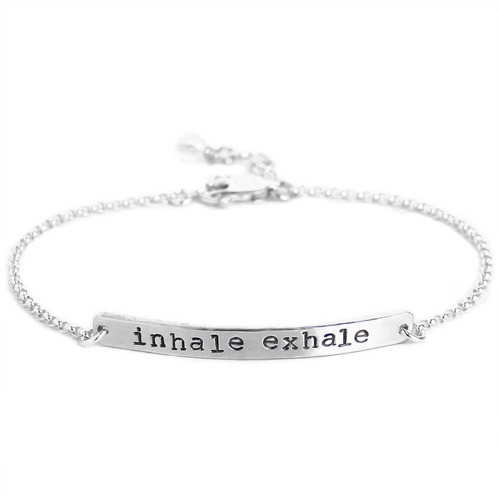 Mantra Bar Bracelet on silver chain hand-stamped with inhale exhale