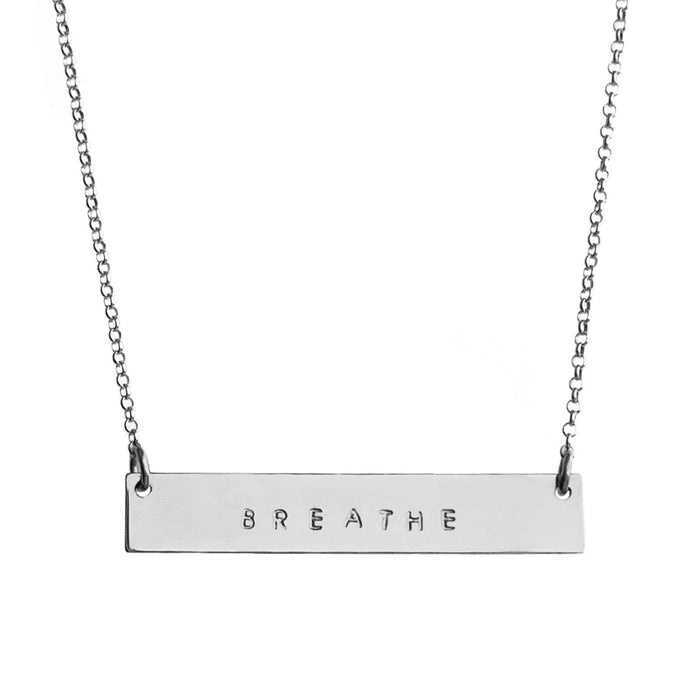 Mantra Bar Necklace silver personalized with Breathe tiny capital letters - Blooming Lotus Jewelry