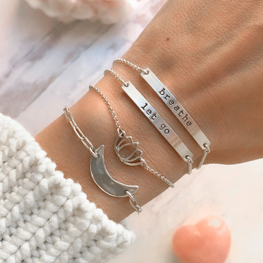 Mantra Bar bracelets lotus crescent moon on silver chain on wrist - Blooming Lotus Jewelry